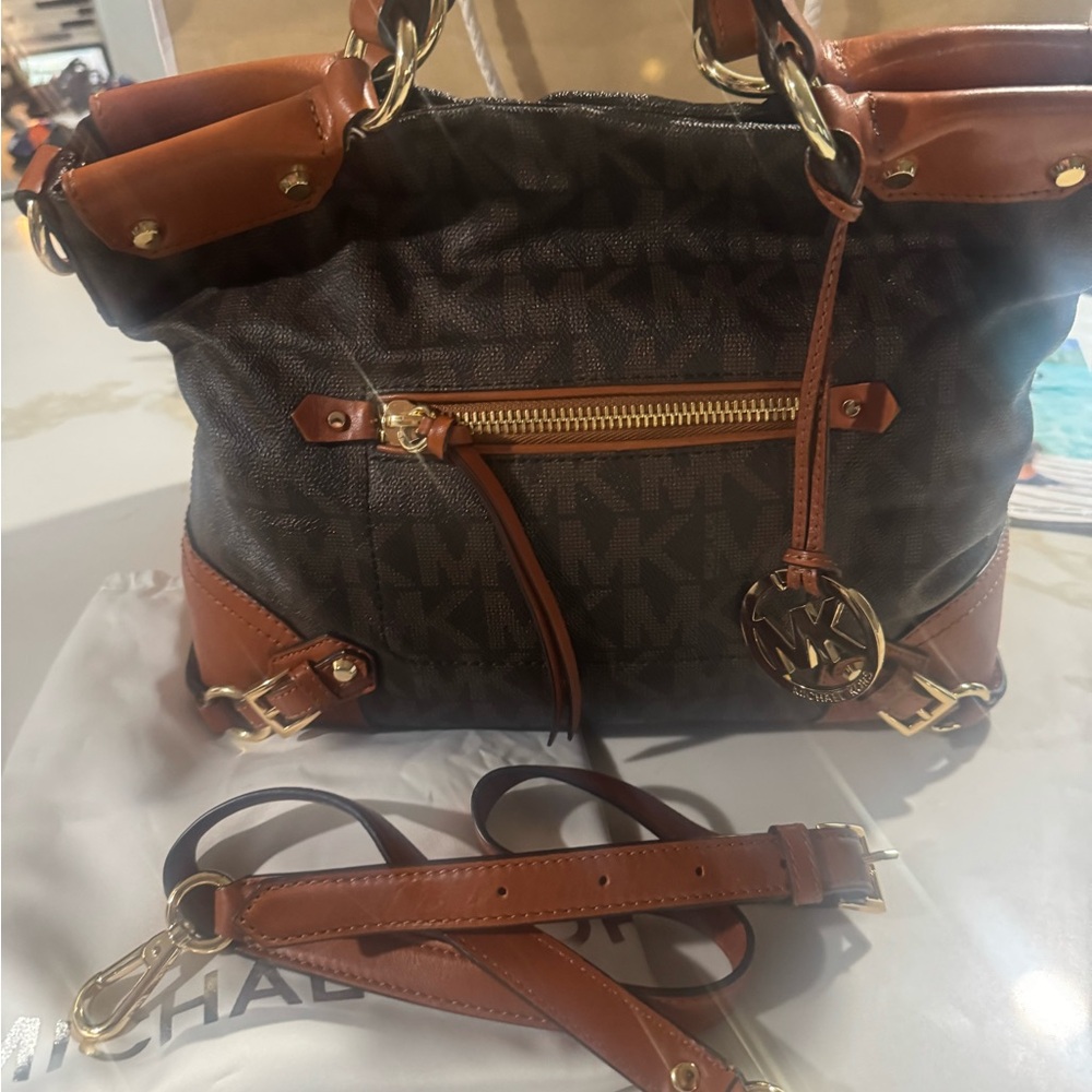 Michael Kors Brown and Black Shoulder Bag with Gold Accents
